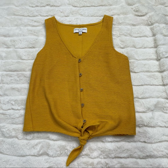 Madewell Mustard Yellow Ribbed Button Front Tie Tank Top Sz XS - Picture 9 of 10